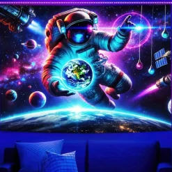 Blacklight Tapestry Glow in the Dark Glow Party UV Reactive Planet Universe Astronaut Trippy Misty Nature Landscape Hanging Tapestry Wall Art Mural for Living Room Bedroom