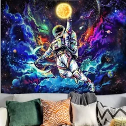 Blacklight Tapestry Glow in the Dark Glow Party UV Reactive Planet Universe Astronaut Trippy Misty Nature Landscape Hanging Tapestry Wall Art Mural for Living Room Bedroom