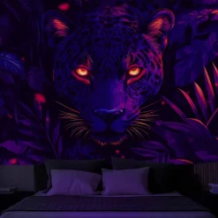 Blacklight Tapestry Glow in the Dark Glow Party UV Reactive Forest Animal Leopard Trippy Misty Nature Landscape Hanging Tapestry Wall Art Mural for Living Room Bedroom