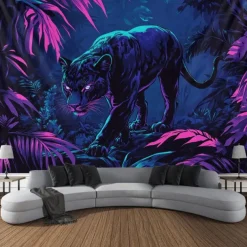 Blacklight Tapestry Glow in the Dark Glow Party UV Reactive Forest Animal Leopard Trippy Misty Nature Landscape Hanging Tapestry Wall Art Mural for Living Room Bedroom