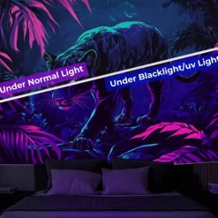 Blacklight Tapestry Glow in the Dark Glow Party UV Reactive Forest Animal Leopard Trippy Misty Nature Landscape Hanging Tapestry Wall Art Mural for Living Room Bedroom