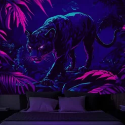Blacklight Tapestry Glow in the Dark Glow Party UV Reactive Forest Animal Leopard Trippy Misty Nature Landscape Hanging Tapestry Wall Art Mural for Living Room Bedroom