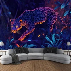 Blacklight Tapestry Glow in the Dark Glow Party UV Reactive Forest Animal Leopard Trippy Misty Nature Landscape Hanging Tapestry Wall Art Mural for Living Room Bedroom