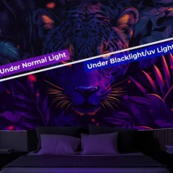 Blacklight Tapestry Glow in the Dark Glow Party UV Reactive Forest Animal Leopard Trippy Misty Nature Landscape Hanging Tapestry Wall Art Mural for Living Room Bedroom