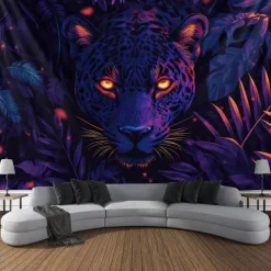 Blacklight Tapestry Glow in the Dark Glow Party UV Reactive Forest Animal Leopard Trippy Misty Nature Landscape Hanging Tapestry Wall Art Mural for Living Room Bedroom