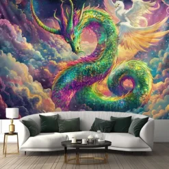Blacklight Tapestry Glow in the Dark Glow Party UV Reactive Dragon Phenix Trippy Misty Galaxy Nature Landscape Hanging Tapestry Wall Art Mural for Living Room Bedroom