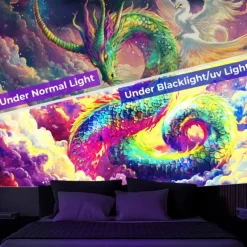 Blacklight Tapestry Glow in the Dark Glow Party UV Reactive Dragon Phenix Trippy Misty Galaxy Nature Landscape Hanging Tapestry Wall Art Mural for Living Room Bedroom