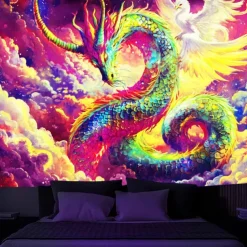 Blacklight Tapestry Glow in the Dark Glow Party UV Reactive Dragon Phenix Trippy Misty Galaxy Nature Landscape Hanging Tapestry Wall Art Mural for Living Room Bedroom