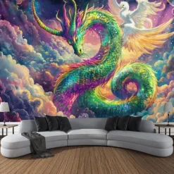 Blacklight Tapestry Glow in the Dark Glow Party UV Reactive Dragon Phenix Trippy Misty Galaxy Nature Landscape Hanging Tapestry Wall Art Mural for Living Room Bedroom