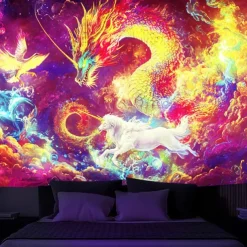 Blacklight Tapestry Glow in the Dark Glow Party UV Reactive Dragon Phenix Trippy Misty Galaxy Nature Landscape Hanging Tapestry Wall Art Mural for Living Room Bedroom