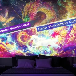 Blacklight Tapestry Glow in the Dark Glow Party UV Reactive Dragon Phenix Trippy Misty Galaxy Nature Landscape Hanging Tapestry Wall Art Mural for Living Room Bedroom