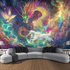 Blacklight Tapestry Glow in the Dark Glow Party UV Reactive Dragon Phenix Trippy Misty Galaxy Nature Landscape Hanging Tapestry Wall Art Mural for Living Room Bedroom