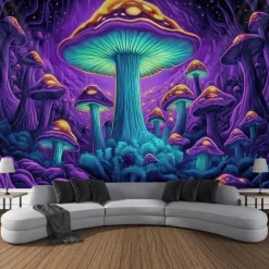 Blacklight Tapestry Glow in the Dark Glow Party UV Reactive Trippy Misty Mushrooms Nature Landscape Hanging Tapestry Wall Art Mural for Living Room Bedroom