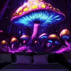 Blacklight Tapestry Glow in the Dark Glow Party UV Reactive Trippy Misty Mushrooms Nature Landscape Hanging Tapestry Wall Art Mural for Living Room Bedroom