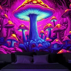 Blacklight Tapestry Glow in the Dark Glow Party UV Reactive Trippy Misty Mushrooms Nature Landscape Hanging Tapestry Wall Art Mural for Living Room Bedroom