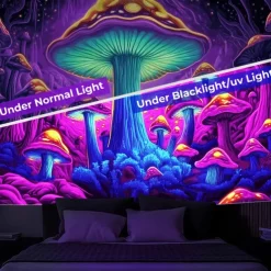 Blacklight Tapestry Glow in the Dark Glow Party UV Reactive Trippy Misty Mushrooms Nature Landscape Hanging Tapestry Wall Art Mural for Living Room Bedroom
