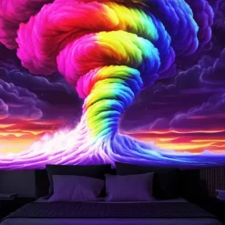 Blacklight Tapestry Glow in the Dark Glow Party UV Reactive Trippy Misty Tornado Nature Landscape Hanging Tapestry Wall Art Mural for Living Room Bedroom