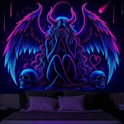 Blacklight Tapestry Glow in the Dark Glow Party UV Reactive Demons Trippy Misty Hanging Tapestry Wall Art Mural for Living Room Bedroom