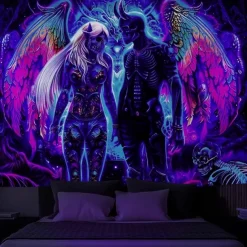 Blacklight Tapestry Glow in the Dark Glow Party UV Reactive Demons Trippy Misty Hanging Tapestry Wall Art Mural for Living Room Bedroom