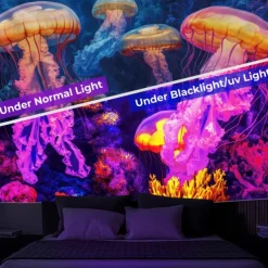 Blacklight Tapestry Glow in the Dark Glow Party UV Reactive Jellyfish Trippy Misty Nature Landscape Hanging Tapestry Wall Art Mural for Living Room Bedroom