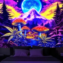 Blacklight Tapestry Glow in the Dark Glow Party UV Reactive Trippy Misty Mushrooms Mountain Nature Landscape Hanging Tapestry Wall Art Mural for Living Room Bedroom