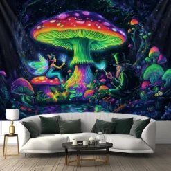 Blacklight Tapestry Glow in the Dark Glow Party UV Reactive Trippy Misty Mushrooms Mountain Nature Landscape Hanging Tapestry Wall Art Mural for Living Room Bedroom
