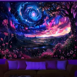 Blacklight Tapestry UV Reactive Glow in the Dark Glow Party Psychedelic Trippy Misty Colorful Waterfall Hanging Tapestry Wall Art Mural for Living Room Bedroom