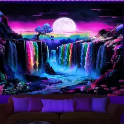 Blacklight Tapestry UV Reactive Glow in the Dark Glow Party Psychedelic Trippy Misty Colorful Waterfall Hanging Tapestry Wall Art Mural for Living Room Bedroom