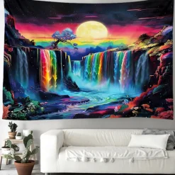 Blacklight Tapestry UV Reactive Glow in the Dark Glow Party Psychedelic Trippy Misty Colorful Waterfall Hanging Tapestry Wall Art Mural for Living Room Bedroom