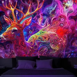 Blacklight Tapestry UV Reactive Glow in the Dark Glow Party Neon Deer Animals Psychedelic Trippy Misty Hanging Tapestry Wall Art Mural for Living