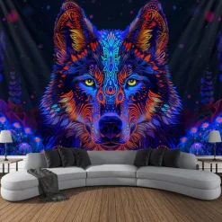 Blacklight Tapestry UV Reactive Glow in the Dark Glow Party Neon Deer Animals Psychedelic Trippy Misty Hanging Tapestry Wall Art Mural for Living
