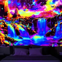 Blacklight Tapestry UV Reactive Glow in the Dark Glow Party Neon Fantasy Waterfall Rainbow Psychedelic Trippy Misty Hanging Tapestry Wall Art Mural for Living Room Bedroom