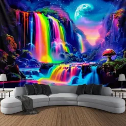 Blacklight Tapestry UV Reactive Glow in the Dark Glow Party Neon Fantasy Waterfall Rainbow Psychedelic Trippy Misty Hanging Tapestry Wall Art Mural for Living Room Bedroom