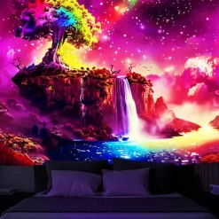 Blacklight Tapestry UV Reactive Glow in the Dark Glow Party Neon Fantasy Waterfall Rainbow Psychedelic Trippy Misty Hanging Tapestry Wall Art Mural for Living Room Bedroom
