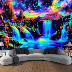 Blacklight Tapestry UV Reactive Glow in the Dark Glow Party Neon Fantasy Waterfall Rainbow Psychedelic Trippy Misty Hanging Tapestry Wall Art Mural for Living Room Bedroom
