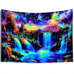 Blacklight Tapestry UV Reactive Glow in the Dark Glow Party Neon Fantasy Waterfall Rainbow Psychedelic Trippy Misty Hanging Tapestry Wall Art Mural for Living Room Bedroom