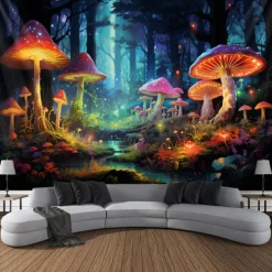 Blacklight Tapestry UV Reactive Glow in the Dark Glow Party Neon Mushroom Forest Psychedelic Trippy Misty Hanging Tapestry Wall Art Mural for Living