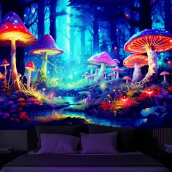 Blacklight Tapestry UV Reactive Glow in the Dark Glow Party Neon Mushroom Forest Psychedelic Trippy Misty Hanging Tapestry Wall Art Mural for Living