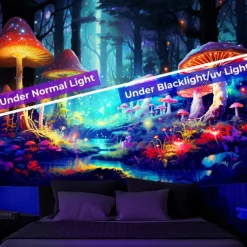 Blacklight Tapestry UV Reactive Glow in the Dark Glow Party Neon Mushroom Forest Psychedelic Trippy Misty Hanging Tapestry Wall Art Mural for Living