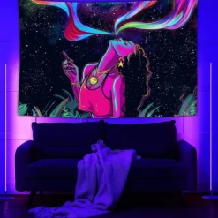Blacklight Tapestry UV Reactive Glow in the Dark Glow Party Neon Girl Psychedelic Trippy Misty Hanging Tapestry Wall Art Mural for Living Room Bedroom