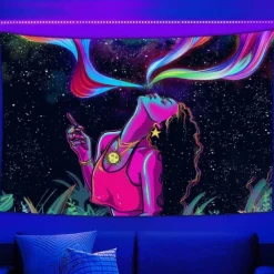 Blacklight Tapestry UV Reactive Glow in the Dark Glow Party Neon Girl Psychedelic Trippy Misty Hanging Tapestry Wall Art Mural for Living Room Bedroom