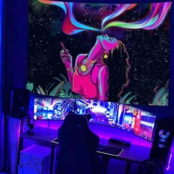 Blacklight Tapestry UV Reactive Glow in the Dark Glow Party Neon Girl Psychedelic Trippy Misty Hanging Tapestry Wall Art Mural for Living Room Bedroom