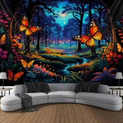 Blacklight Tapestry UV Reactive Glow in the Dark Glow Party Neon Butterflies Forest Trippy Misty Hanging Tapestry Wall Art Mural for Living Room Bedroom