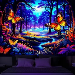 Blacklight Tapestry UV Reactive Glow in the Dark Glow Party Neon Butterflies Forest Trippy Misty Hanging Tapestry Wall Art Mural for Living Room Bedroom