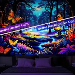 Blacklight Tapestry UV Reactive Glow in the Dark Glow Party Neon Butterflies Forest Trippy Misty Hanging Tapestry Wall Art Mural for Living Room Bedroom