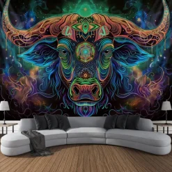 Blacklight Tapestry UV Reactive Glow in the Dark Glow Party Neon Bull Animal Psychedelic Trippy Misty Hanging Tapestry Wall Art Mural for Living Room Bedroom