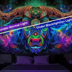 Blacklight Tapestry UV Reactive Glow in the Dark Glow Party Neon Bull Animal Psychedelic Trippy Misty Hanging Tapestry Wall Art Mural for Living Room Bedroom