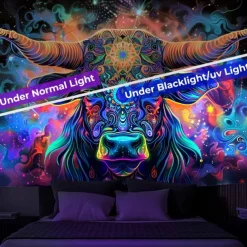 Blacklight Tapestry UV Reactive Glow in the Dark Glow Party Neon Bull Animal Psychedelic Trippy Misty Hanging Tapestry Wall Art Mural for Living Room Bedroom