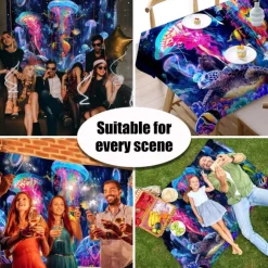 Blacklight Tapestry UV Reactive Glow in the Dark Glow Party Neon Jellyfish Marine Psychedelic Trippy Misty Hanging Tapestry Wall Art Mural for Living Room Bedroom