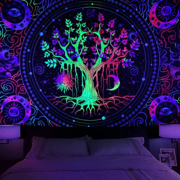 Blacklight Tapestry UV Reactive Glow in the Dark Glow Party Neon Tree of Life Mandala Psychedelic Trippy Misty Hanging Tapestry Wall Art Mural for Living Room Bedroom